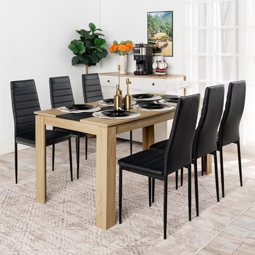 FURNITABLE matbord med 6 stolar, matsalsgrupp, matgrupp med hög rygg i konstläder stol för 6 personer, sittgrupp för kök matsal vardagsrum (160 x 80 x 75 cm bord 6 svarta stolar)