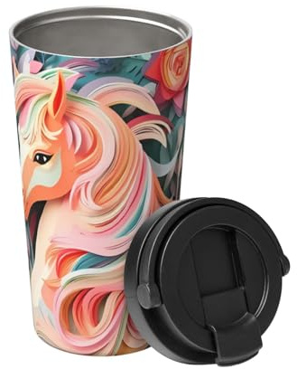 Taza de café aislada con diseño de unicornio de corte de papel rosa. Elegante termo de 500 ml que mantiene las bebidas calientes durante horas, perfecto para café, té y mucho más.