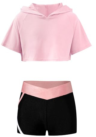 Jugaoge Mädchen Sport Crop Top Kurzarm Kapuzenshirt und Kurze Hose Leggings Sommer Zweiteiler Ballett Tanz Gymnastik Turn Outfits Bekleidungsset Rosa 134-140