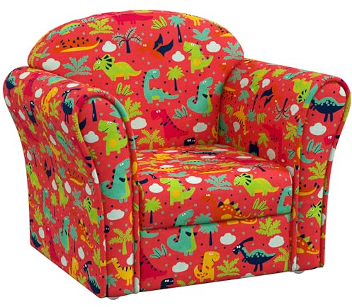 AIYAPLAY Kids Sofa Chair, Toddler Armchair with Dinosaur Design, Wooden Frame, Upholstered Toddler Chair for Bedroom, Playroom, Kids Room - Red