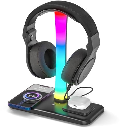 Padwa Lifestyle Headset Stand with Wireless Charging Station, RGB Gaming Headphones Holder with 1 USB Port + 2 Type C Ports Compatible with iPhone, AirPods, iWatch, Headset, Headphone, Smartphones