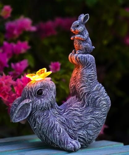 Rabbit handstand mother & Son Solar Statue Garden Gifts | Waterproof Resin Sculpture with Solar Buttfly Lights for Patio Lawn Porch Outdoor Decoration - Grey