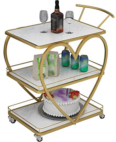 Chariot à boissons de luxe en forme de cœur pour la maison, le café, 3 niveaux, grande capacité, chariot de service pour gâteaux/desserts avec support de rangement portable, blanc/doré, 87 x 55 x 40