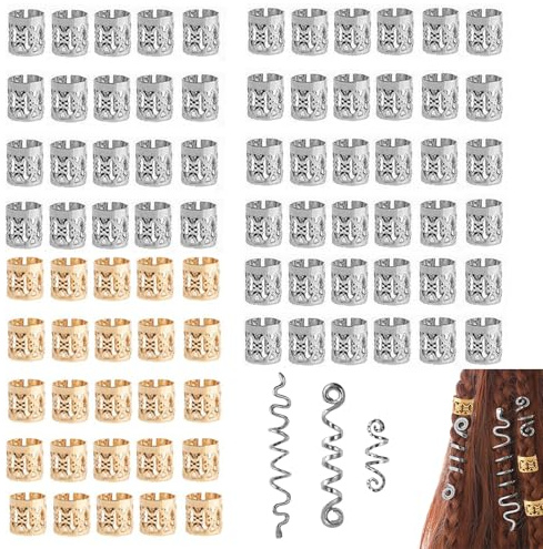 88 Stück Piraten Haarschmuck,Haarschmuck Pirat,Verstellbar Metall Cuffs Haar Flecht Ringe,Dreadlocks Schmuck Haarspiralen Clips,für Frauen Männer Zöpfe Dekoration(Gold,Silber)