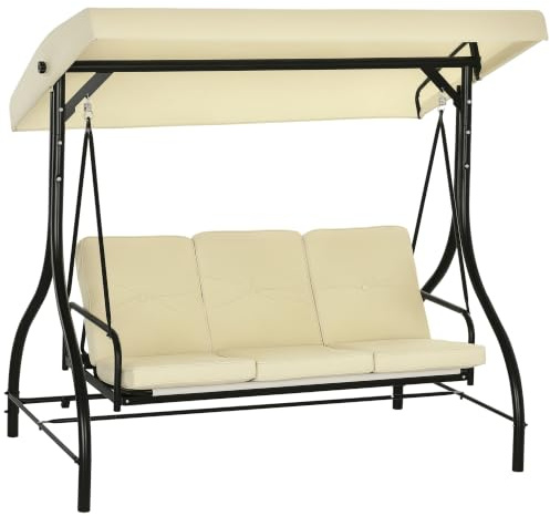 Outsunny Hollywoodschaukel mit Liegefunktion 195x117x175 cm Beige | Gartenschaukel mit Liegefunktion, Verstellbares Sonnendach, Schaukelbank Belast Bis 240kg, Gartenliege, Für Garten, Terrasse