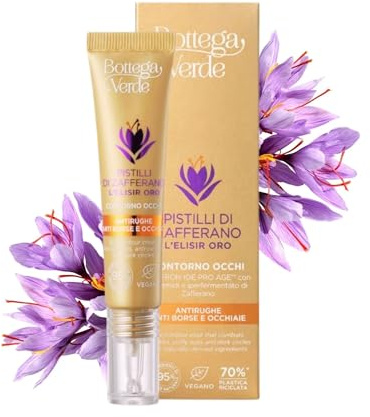 Bottega Verde - Pistilli di Zafferano, L'Elisir Oro, Contorno Occhi, 10 ml, con Ceramidi e Iperfermentato di Zafferano, Trattamento Antirughe, Anti-Borse e Occhiaie, per Tutti i Tipi di Pelle