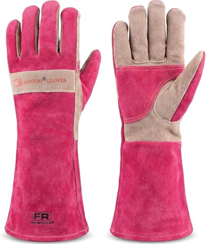 AOUCHI Leather Gardening Gloves for Women, Long Thorn Proof Garden Gloves for Yard Work, Heat Resistant Gloves for Welding, BBQ, Cooking, Fireplace, Chainsaw, Firm Grip, Utility, Durable, Rose Red, S