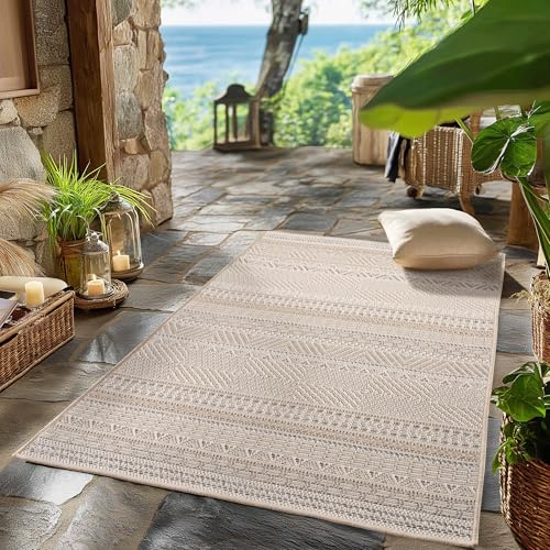 SIMPEX Outdoor Teppich Beige 80x150 cm Läufer Wetterfest UV-beständig Pflegeleicht Skandinavisches Boho Design für Küche Balkon Terrasse Wohnzimmer