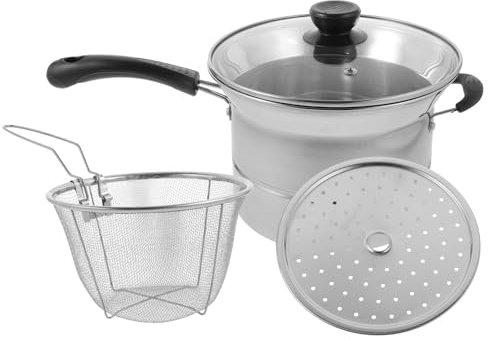 SECFOU Pentola Per Friggere Multifunzionale in Acciaio Resistente Manico Singolo e Coperchio, Padella Per Patatine Cestello Per Cottura a Vapore e Frittura, Per Cucina Domestica e Preparazione Pasta