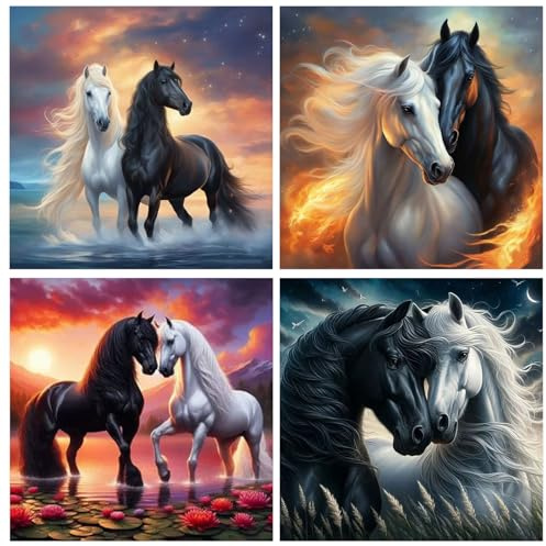 GLIDIAM 4er Set Diamond Painting Pferde, Diamant Malerei Bilder Tiere Pferde, 30x30cm DIY Full Drill Basteln Erwachsene, Mosaik Stickerei Kreuzstich Geschenk für Wanddeko Wohnzimmer Schlafzimmer