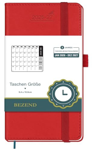 BEZEND Taschenkalender 2026 2027 Monatskalender 1 Monat 2 Seiten ca. A6 | 16,8 x 9,4 cm, 24-Monate Buchkalender Monatsansicht (Jan 26 - Dez 27), 100 GSM Papier, PU-Leder Hardcover, Rot