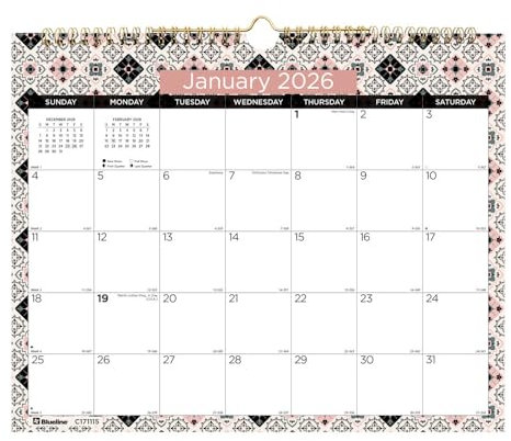 Blueline® 2026 Colorful Monthly Wall Calendar, 12 Months, January to December, Gold Twin-Wire Binding, 15 x 12, Tiles (C171115-26)