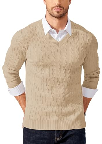 COOFANDY Hommes Pull Col V Manches Longues Tricot Fin Motif Torsadé Pull d'hiver Chandail Kaki L
