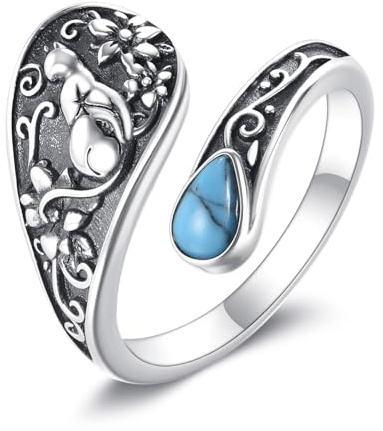 YFN Katze Löffel Ring Sterling Silber Einstellbar Ringe Türkis Schmuck Geschenke für Damen