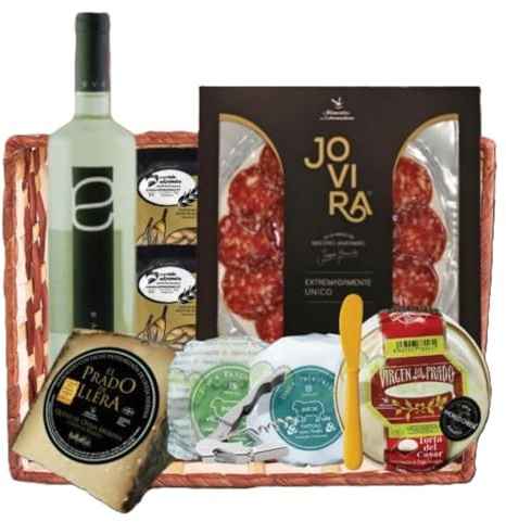 Cesta Lote Pack Aperitivo Empresas Vino Blanco Dulce Eva Queso de Oveja Curado al romero Queso Pastura con Trufa Queso de Oveja Cumbre Queso Torta del Casar Picos de Pan - CORAZON EXTREMEÑO