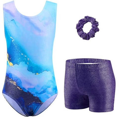 Arshiner Body Ginnastica Bambina Blu Set Danza Ritmica Artistica Tuta Sportiva Senza Maniche Shorts Metallizzati Fascia Capelli Elastico Abbigliamento Balletto Spettacolo Bambina 9-10 Anni