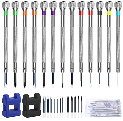 Lepealu 13Pcs Watch Screwdriver Set, Watchmakers Screwdrivers Precision Screwdriver Set for Watch Eyeglasses Clocks Jewelry Repair, with 13Pcs Screwdriver Replacement Heads + 2Pcs Magnetizer