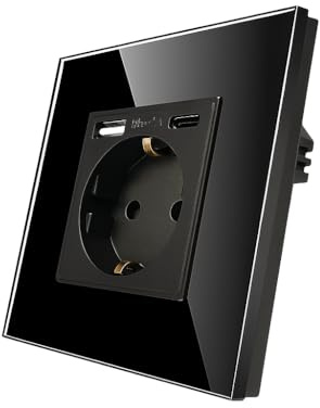 PintoHardware Prise murale avec USB + USB‑C (3,1 A) noire, interrupteur en verre trempé, charge rapide, prise encastrée 250 V 16 A, design moderne pour maison et bureau.
