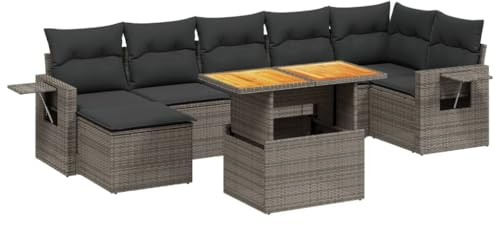 Foknhdi 8-teiliges Gartenmöbel-Set Lounge Grau Poly-Rattan Sofa Eckbank mit höhenverstellbarem Tisch aus Akazienholz 100x55 cm Sitzgruppe für Balkon Terrasse Outdoor