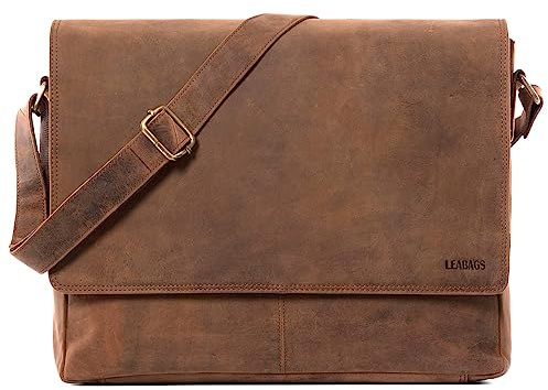 LEABAGS Oxford Laptoptasche Leder Herren Damen 15 Zoll – Messenger Bag Echtleder – Arbeitstasche Umhängetasche 38x31x10 cm