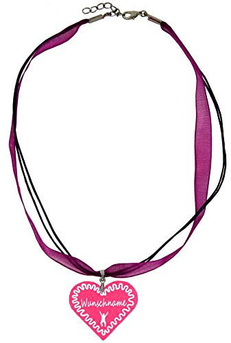 Trachtenschmuck Trachtenkette Organzaband brombeer mit Filz Herz Damen Dirndlkette Organzakette Oktoberfest Wunschaufdruck (Herz - pink)