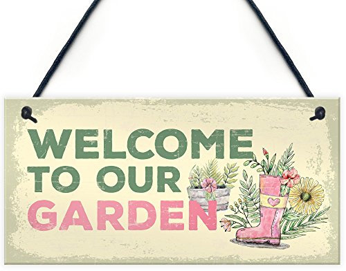 Red Ocean Welcome To Our Garden Novelty Shabby Chic Garden Shed Summer House Sign Gift