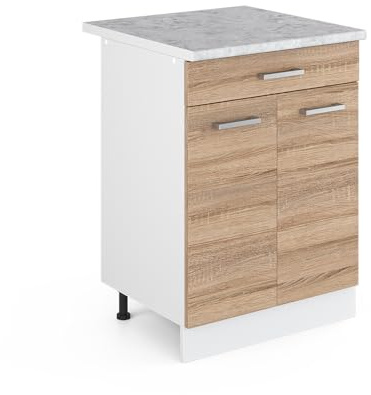 Vicco Küchenunterschrank R-Line, Sonoma, 60 cm | 1 Schublade · AP Marmor inkl. · Höhenverstellbare Füße · 2 Türen · ✓ Leichter Zugriff