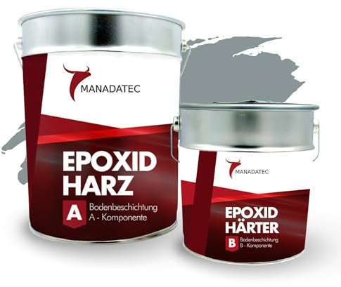 MANADATEC 2k Epoxidharz Bodenbeschichtung 10kg I RAL 7001 Silbergrau I Abriebfest, lösemittelfrei, geruchsneutral I Garagenbodenbeschichtung I Epoxy Bodenbeschichtung Garage I Keller Epoxidharz Boden