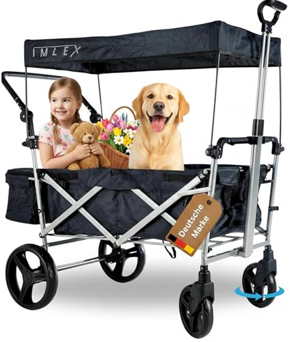 IMLEX IM-9002 Bollerwagen faltbar mit Dach Anthrazit - Große Räder gefederte Vorderräder - Handwagen klappbar mit Schiebegriff ideal für 2 Kinder