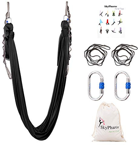 SKYPHAROS 5.5 Yards Aerial Silks Yoga Swing Set - Aerial Yoga Hammock Kit Anti-Gravity Flying for Fitness, Low/Non Stretch Nylon Tricot Fabric Hardware Included for Dance
