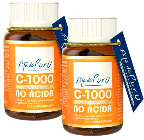Vitamina C No Ácida 1000 mg Estado Puro | 100 Comprimidos con Escaramujo y Bioflavonoides Cítricos | Alta Absorción - No Irritante | Calidad Tongil (Pack 2)