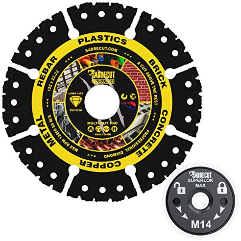 SabreCut 2pcs VB125MUGRA 125mm x 22.23mm Bore Diamond Disc & M14 Flange | Vacuum-brazed diamond disc cuts multiple materials; quick-change M14 flange provides secure tool-free disc changes