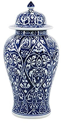 18 blau weiße Porzellanvase mit Deckel dekorativ gemalte glasierte Keramik Chinoiserie Ingwer Jar Oriental Decor Centerpiece