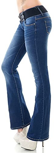 Label by Trendstylez Damen Bootcut Stretch Jeans Schlag Hose inkl .Gürtel Blue Washed WT367