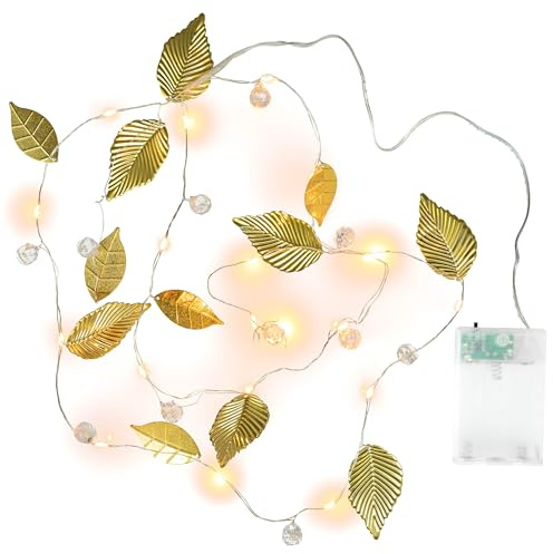 Nipach GmbH Lichterkette „Perlen + Blätter“ GOLD 20 LED warm weiß Batterie Timer Xmas-Deko Weihnachtsbeleuchtung