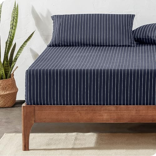 Bare Home Sábana Bajera Ajustable - Microfibra Premium 1800 - Ultrasuave Sin Arrugas - Bolsillo Profundo (200 x 200, Patrón de Rayas - Azul Medianoche/Blanco)