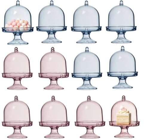 Spldsun 12 Stück Mini Tortenständer, Kuchenplatte mit Deckel, Mini Kuchenplatte, Aufbewahrung und Dekoration von Lebensmitteln für Hochzeiten, Partys, Feiern, Bankette (Rosa, Blau)