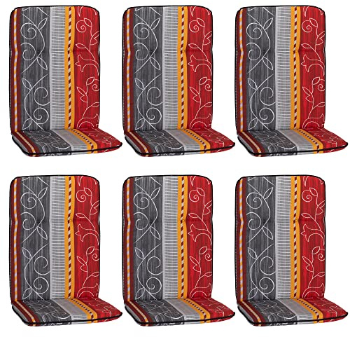 NYVI Hochlehner Auflagen Hawaii 6er Set - 114x47 cm Grau Rot Gelb Ranke - Gartenmöbel Auflage mit 5 cm Polster und Gummi-Halteband