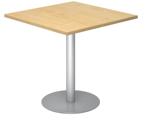 bümö Besprechungstisch, Esstisch klein, Tisch eckig 80x80 cm - Kleiner Esstisch Ahorn, Rundtisch Esstisch 2 Personen mit Holz-Platte, Säule aus Metall in Silber, Konferenztisch, Bistrotisch