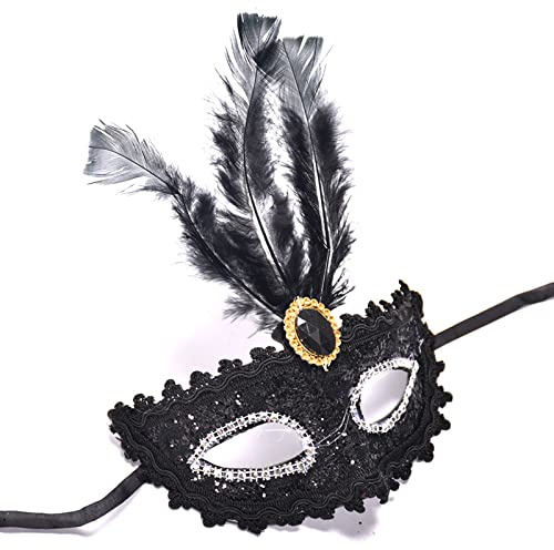 YJHWLF Maskerade Maske Mit Feder - Venezianische Halloween Party Mardi Gras Karneval Augenmaske für Verkleidung, Kostüm, Interessantes Rollenspiel Zubehör (Schwarz)