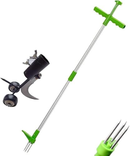 LINZI Garden Weed Remover Tool Kit 2PCs, Stand Up Weeder Long Handle Hand Weed Puller with 3 Claws + 2 in 1 Patio Weeding Tool with Wheels 651333A
