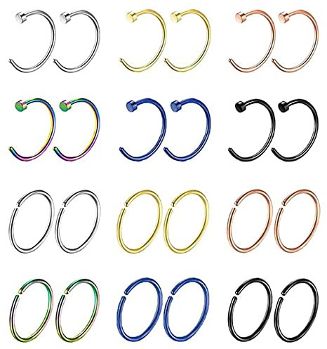 Septum Piercing Chirurgenstahl, Nostril Piercing mit Bunt Offene Runde C form 24Pcs Piercingschmuck Geschenk für Frauen Männer