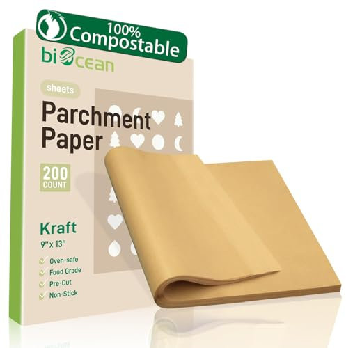 BIOCEAN 200Pcs 9x13In Unbleached Parchment Paper Sheets Precut Heavy Duty Flat Kitchen Baking Supplies Paper Non-Stick,Non-Toxic Cooking Paper for Air Fryer, Steaming, Oven Make Cup Cake Bread Cookie