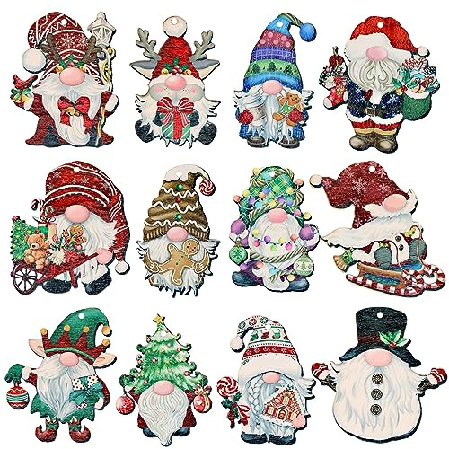 Weihnachten Anhänger Zwerg Holz 24 Stück Weihnachtsdeko Wichtel Ornament | Weihnachtsbaumschmuck mit Schnur Weihnachtsbaum Anhänger kleine Weihnachtsfiguren Weihnachtsdeko zum Aufhängen Multi-Muster