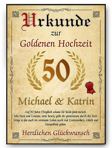 Personalisierte Urkunde zum 50. Hochzeitstag Geschenk zur Goldenen Hochzeit | Goldhochzeit Karte Personalisiert mit Namen | 50. Jahrestag Geschenkidee Deko DIN A4