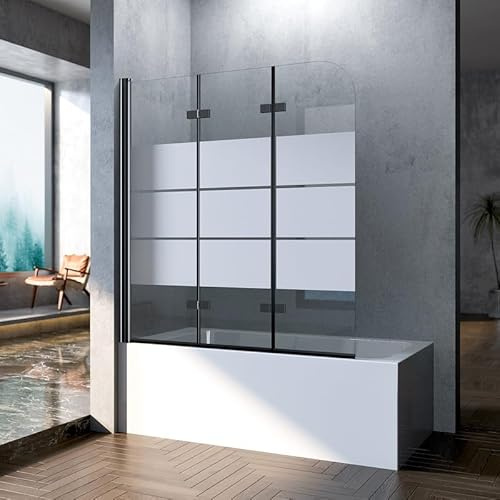 Gestreift Duschwand für Badewanne Faltbar, Duschwand für Badewanne 130x140cm 3-teilig Schwarz Duschtrennwand für Badewanne Duschabtrennung Badewanne Badewannenaufsatz 6mm ESG Sicherheitsglas