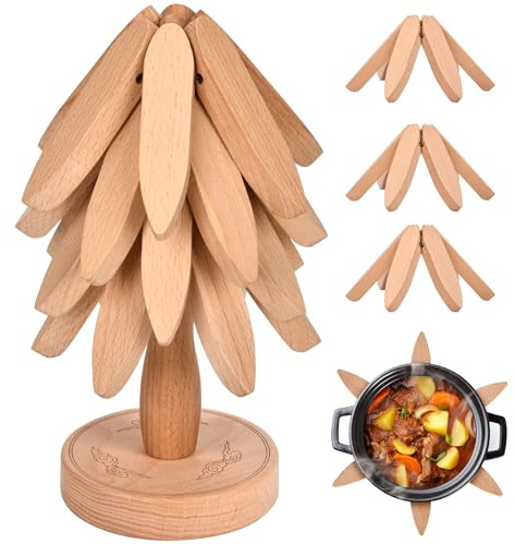 Wooden Trivets for Hot Dishes，Trivets for Hot Pots and Pans，Hot Pads for Table，Tree Coasters Set of 4(4 Trivits+1 Stand)