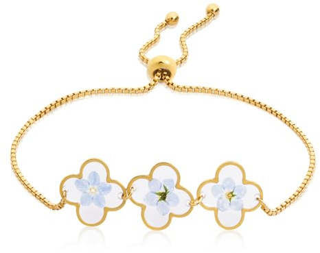 Yowivon Pulseras con Nomeolvides, Pulsera Delicada&Ajustable de Acero Inoxidable con Flores Prensadas Hechas a Mano y Cierre Deslizante, Regalo de Joyería de Oro sin Deslustre para Mujer/Dama de Honor