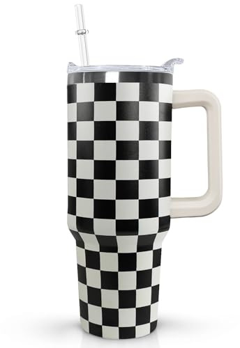 Ceovfoi Black and White Checkered Tumbler with Handle, Lid, and Straw - 40 Oz Water Bottle, Travel Coffee Cup Mug - Gifts for Women and Men