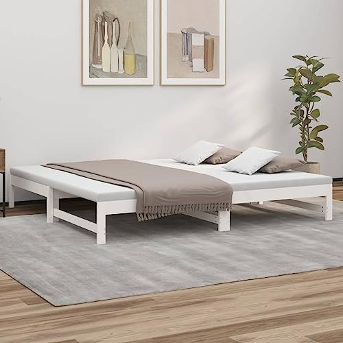 THOYTOUI Tagesbett Ausziehbar, Bettrahmen Betten Tagesbett Holzbett Geeignet für Schlafzimmer Wohnung Gästezimmer Hotel Weiß 2X(80x200) cm Massivholz Kiefer